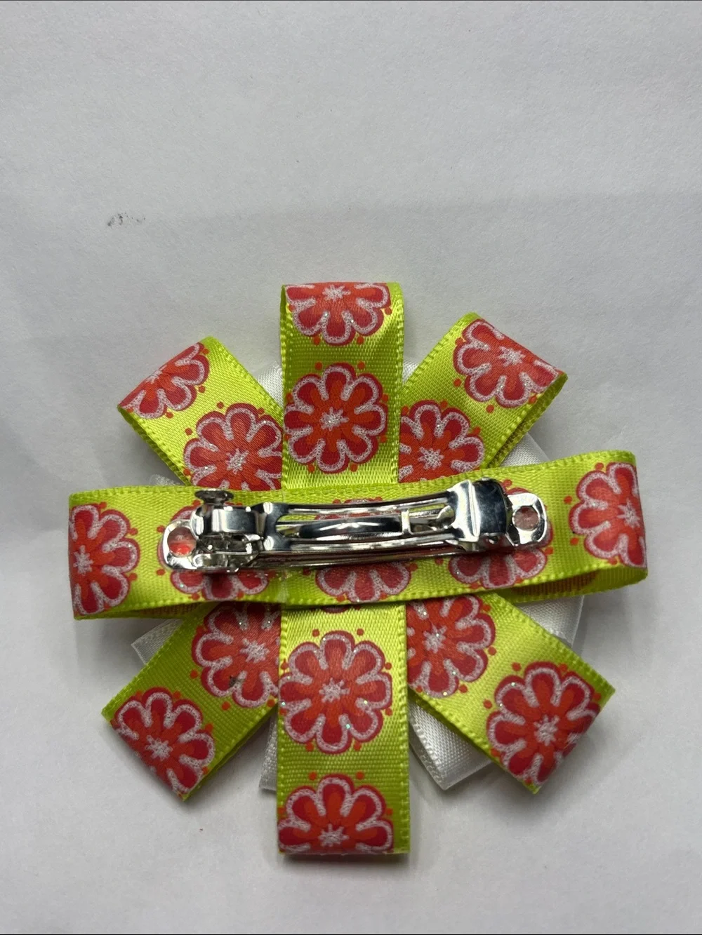 White & Pink Floral Ribbon Hair Bow